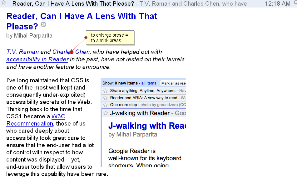 Magnify articles in google reader
