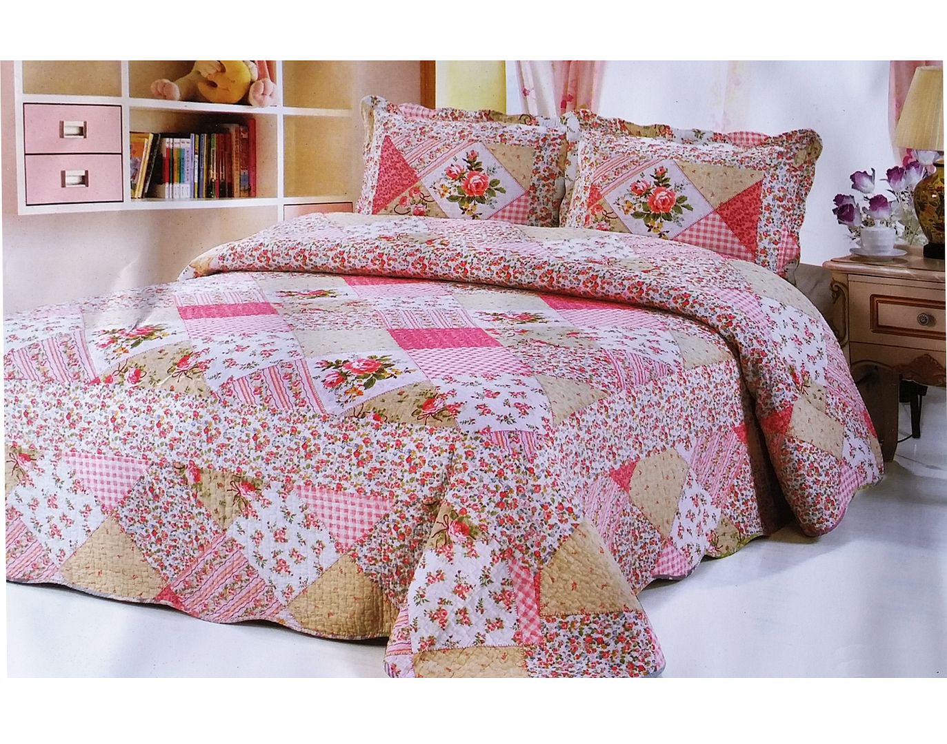 3Pcs Quilted Comfy Bedspread Throw Set Comforter 2 Pillow Shams Double King Size