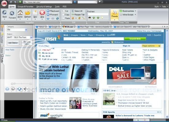 Hydrabrowser with the minimized toolbar and sidebar