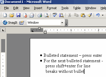 Creating line breaks without bullets in a bullet or numbered list of Word or PowerPoint