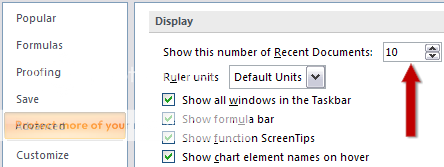 how to set the number of Recent documents to display or show in office 2007