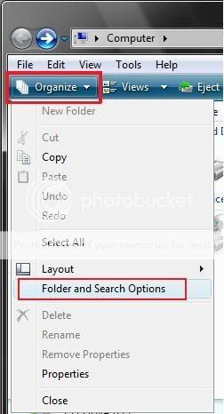 Open windows vista folder options through the organize button in Windows Explorer