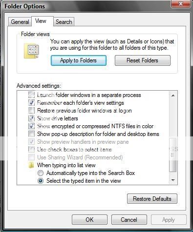 To Change the vista Folder Options via View tab in folders options